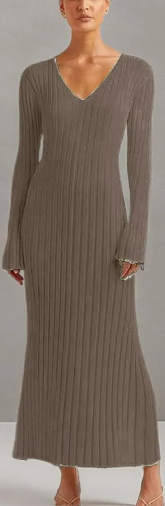 Winter Maxi Sweater Dress Long Sleeve Ribbed Knit Bodycon Sweater Dress for Women V-Neck Midi Wrap Long Dresses