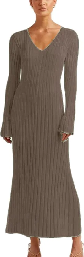 Winter Maxi Sweater Dress Long Sleeve Ribbed Knit Bodycon Sweater Dress for Women V-Neck Midi Wrap Long Dresses