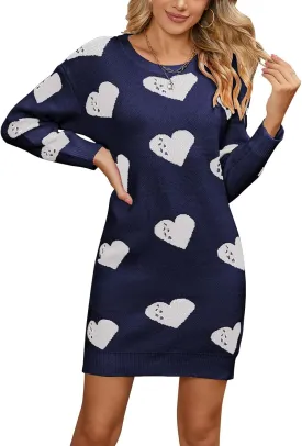 Women Cute Heart Shaped Crewneck Long Sleeve Chunky Knit Mini Sweater Dress