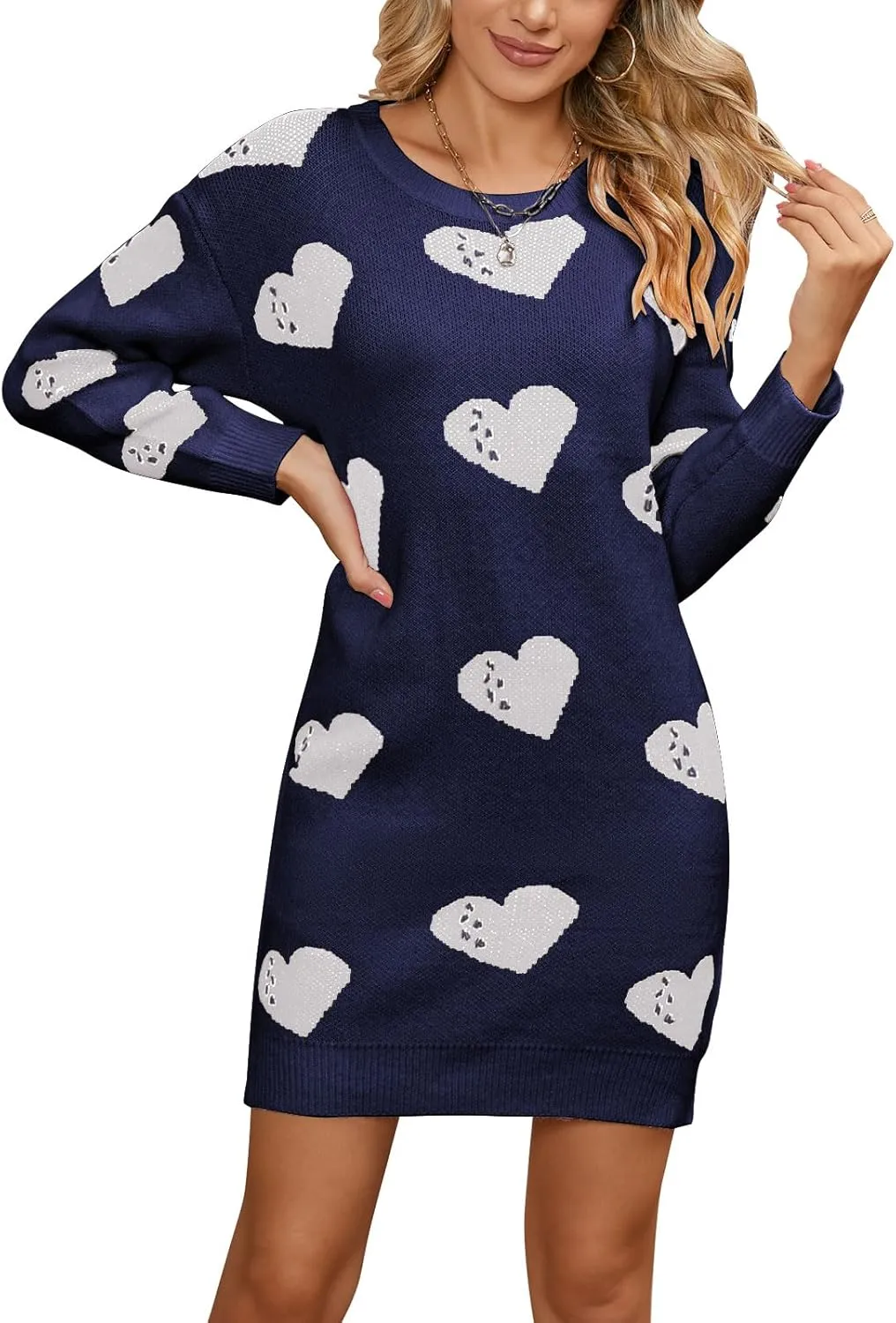 Women Cute Heart Shaped Crewneck Long Sleeve Chunky Knit Mini Sweater Dress