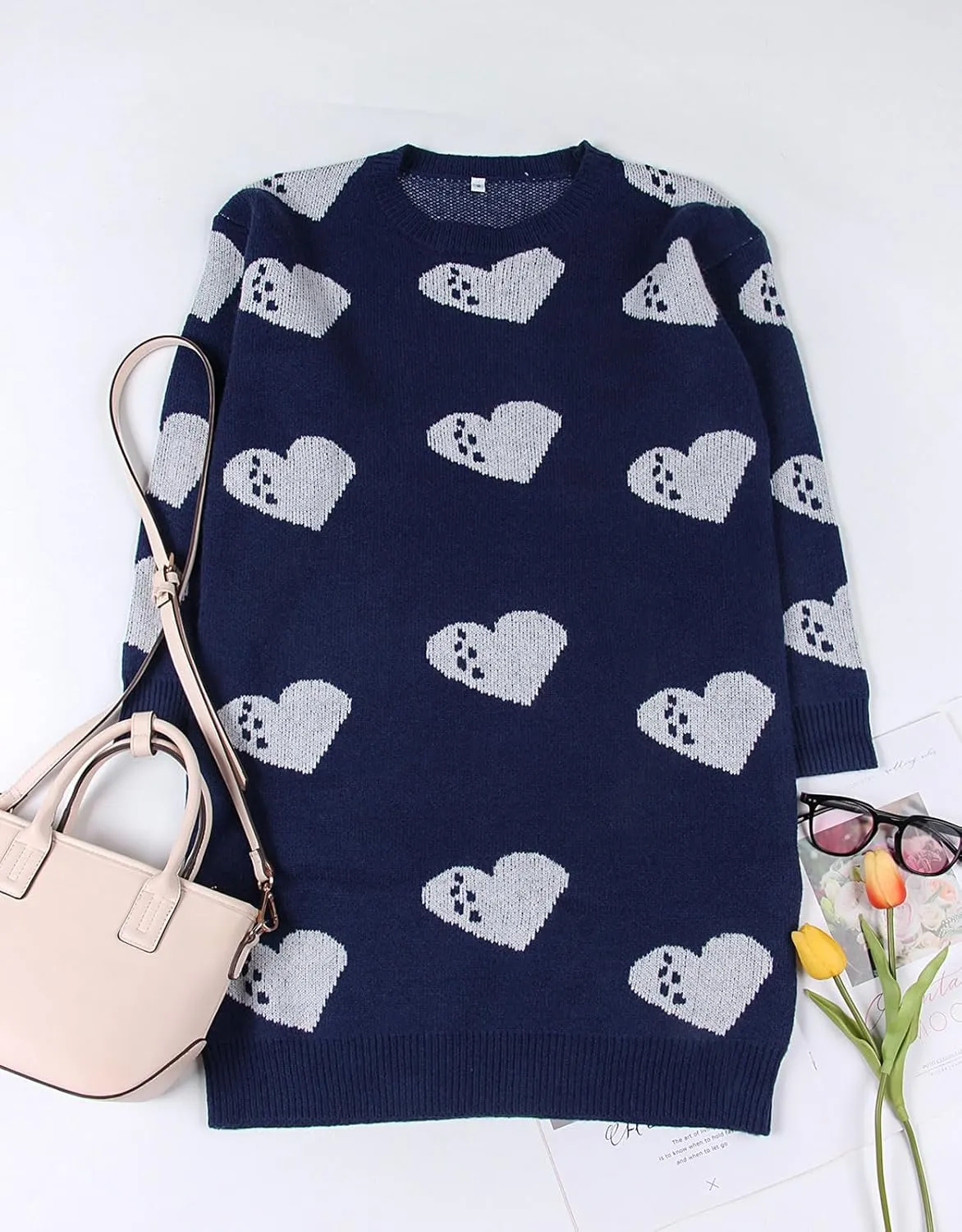 Women Cute Heart Shaped Crewneck Long Sleeve Chunky Knit Mini Sweater Dress