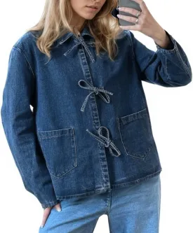 Womens Tie Front Jean Jacket Lightweight Casual Loose Long Sleeve Denim Shacket Coat with Pockets