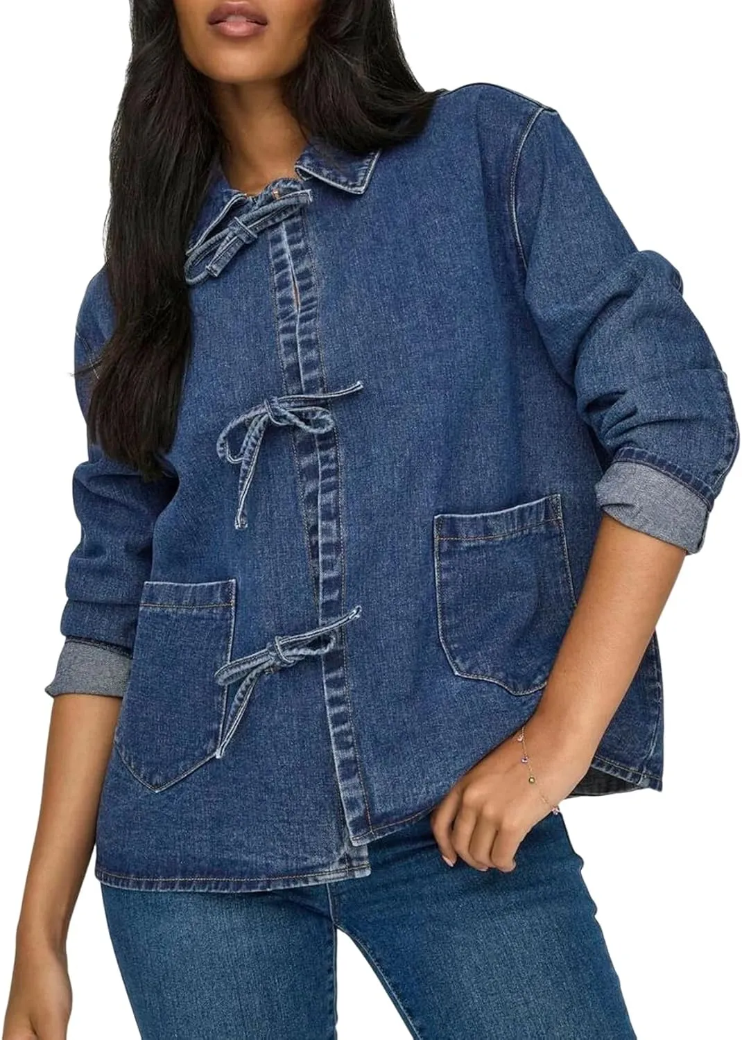 Womens Tie Front Jean Jacket Lightweight Casual Loose Long Sleeve Denim Shacket Coat with Pockets