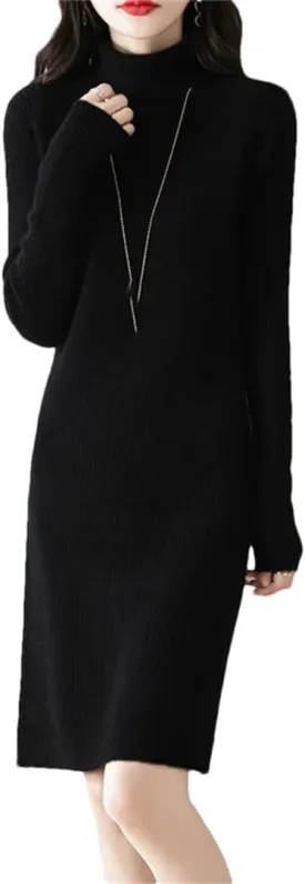 WomenS Turtleneck Wool Dress Long Sleeve Mini Above Knee Pullover Straight Casual Sweater Dress