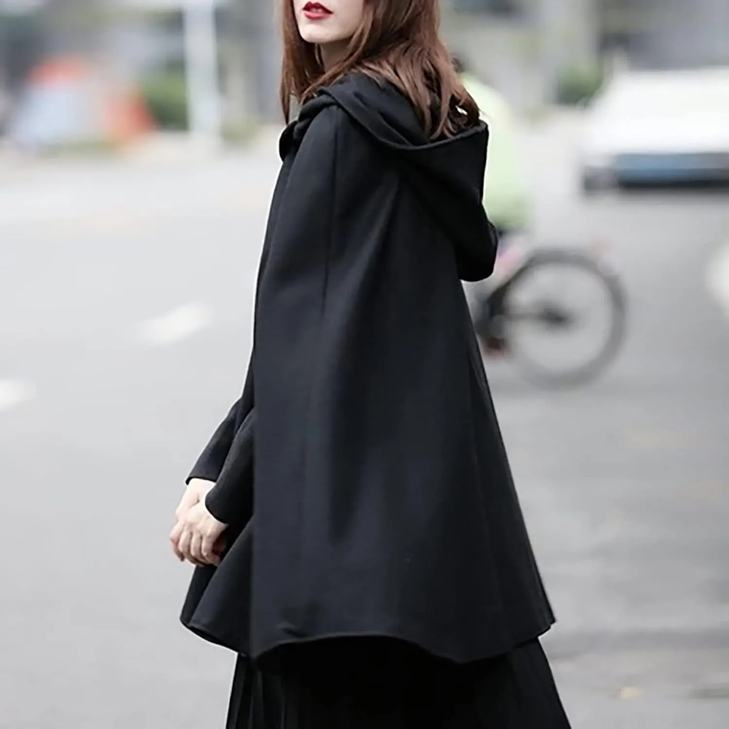Women's Wool Blend Hooded Cape Mid-Length Cloak Pea Coats Winter Open Front Cardigans Vintage Trench Outwear