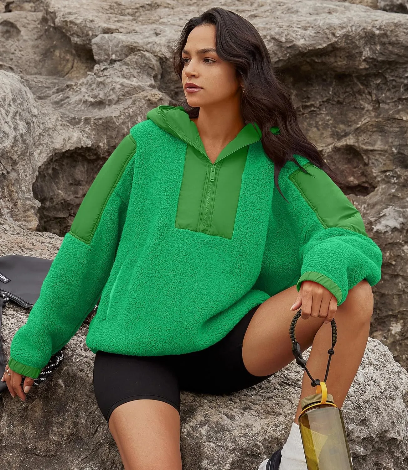 Yanekop Womens Fuzzy Fleece Hoodie Sherpa Sweatshirt Quarter Zip Pullover Long Sleeve Outerwear with Pockets