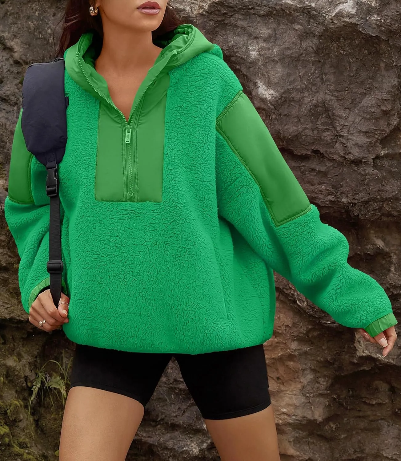 Yanekop Womens Fuzzy Fleece Hoodie Sherpa Sweatshirt Quarter Zip Pullover Long Sleeve Outerwear with Pockets