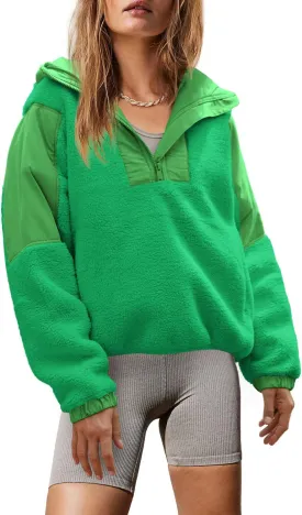 Yanekop Womens Fuzzy Fleece Hoodie Sherpa Sweatshirt Quarter Zip Pullover Long Sleeve Outerwear with Pockets
