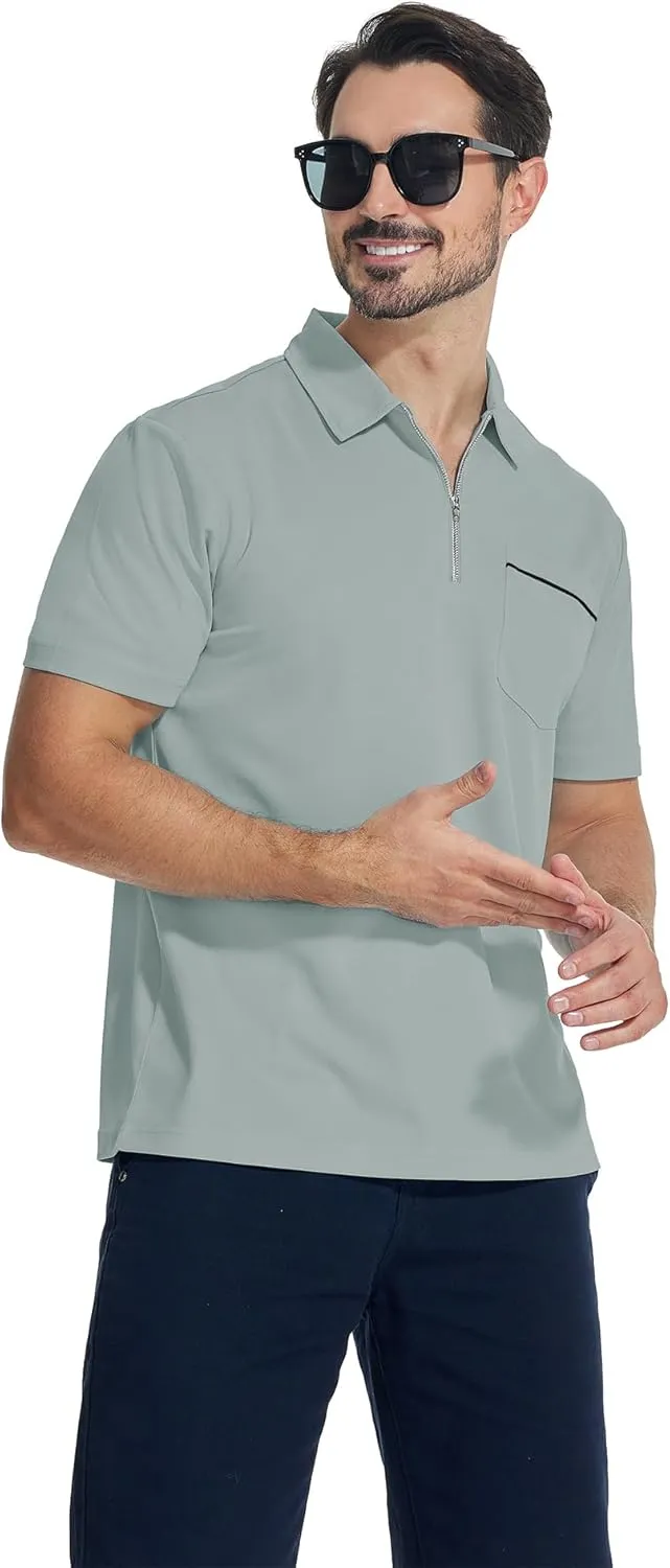 ZITY Mens Polo Shirts Quarter Zip Shirts Casual Classic Lightweight Short Sleeve Golf Collared Shirt with Pocket