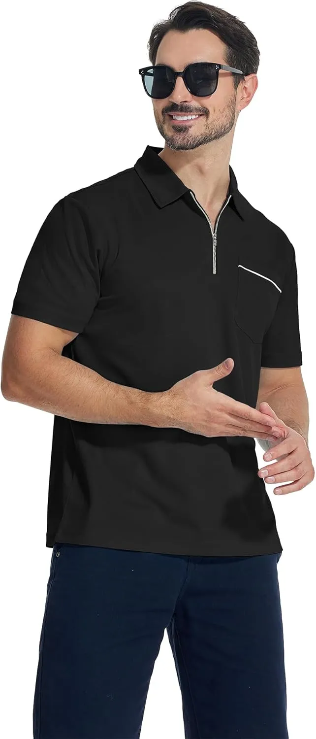 ZITY Mens Polo Shirts Quarter Zip Shirts Casual Classic Lightweight Short Sleeve Golf Collared Shirt with Pocket