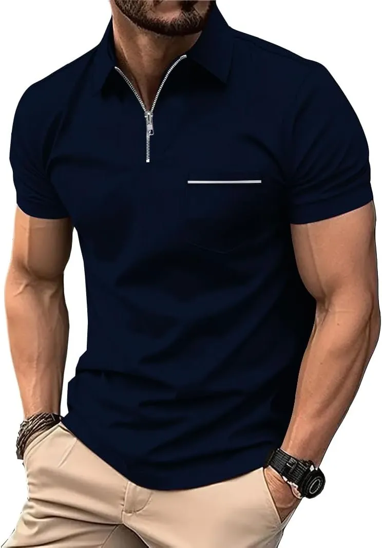 ZITY Mens Polo Shirts Quarter Zip Shirts Casual Classic Lightweight Short Sleeve Golf Collared Shirt with Pocket
