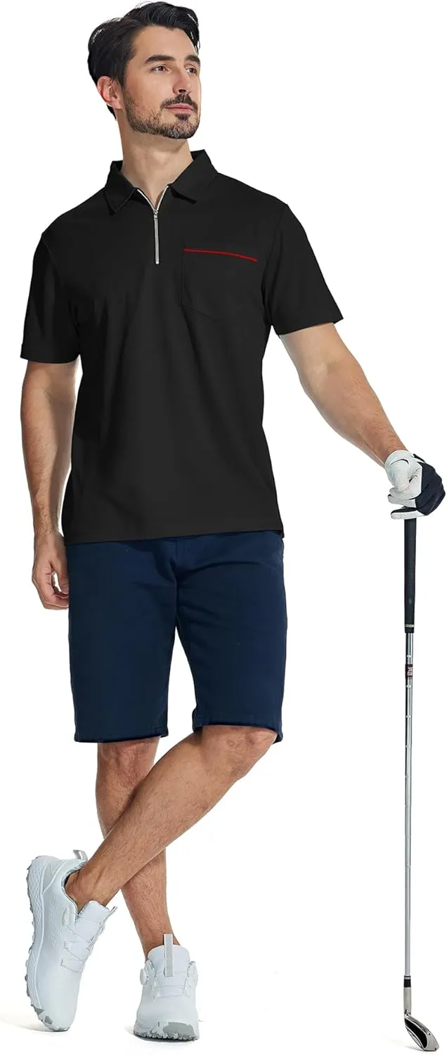 ZITY Mens Polo Shirts Quarter Zip Shirts Casual Classic Lightweight Short Sleeve Golf Collared Shirt with Pocket