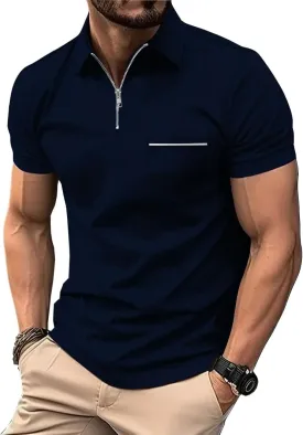 ZITY Mens Polo Shirts Quarter Zip Shirts Casual Classic Lightweight Short Sleeve Golf Collared Shirt with Pocket