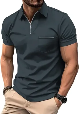 ZITY Mens Polo Shirts Quarter Zip Shirts Casual Classic Lightweight Short Sleeve Golf Collared Shirt with Pocket