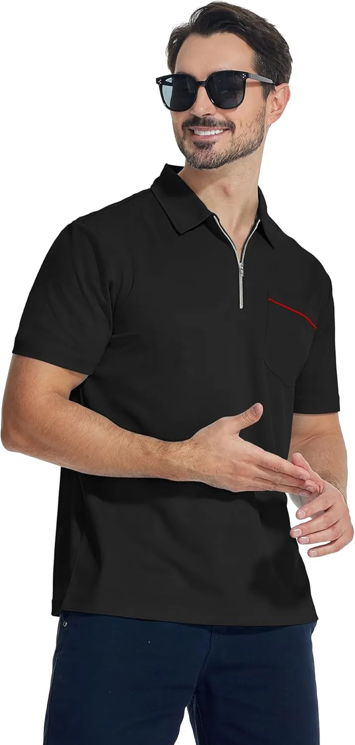 ZITY Mens Polo Shirts Quarter Zip Shirts Casual Classic Lightweight Short Sleeve Golf Collared Shirt with Pocket