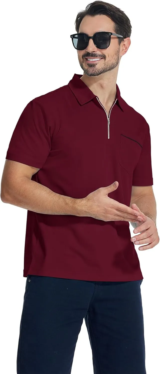 ZITY Mens Polo Shirts Quarter Zip Shirts Casual Classic Lightweight Short Sleeve Golf Collared Shirt with Pocket