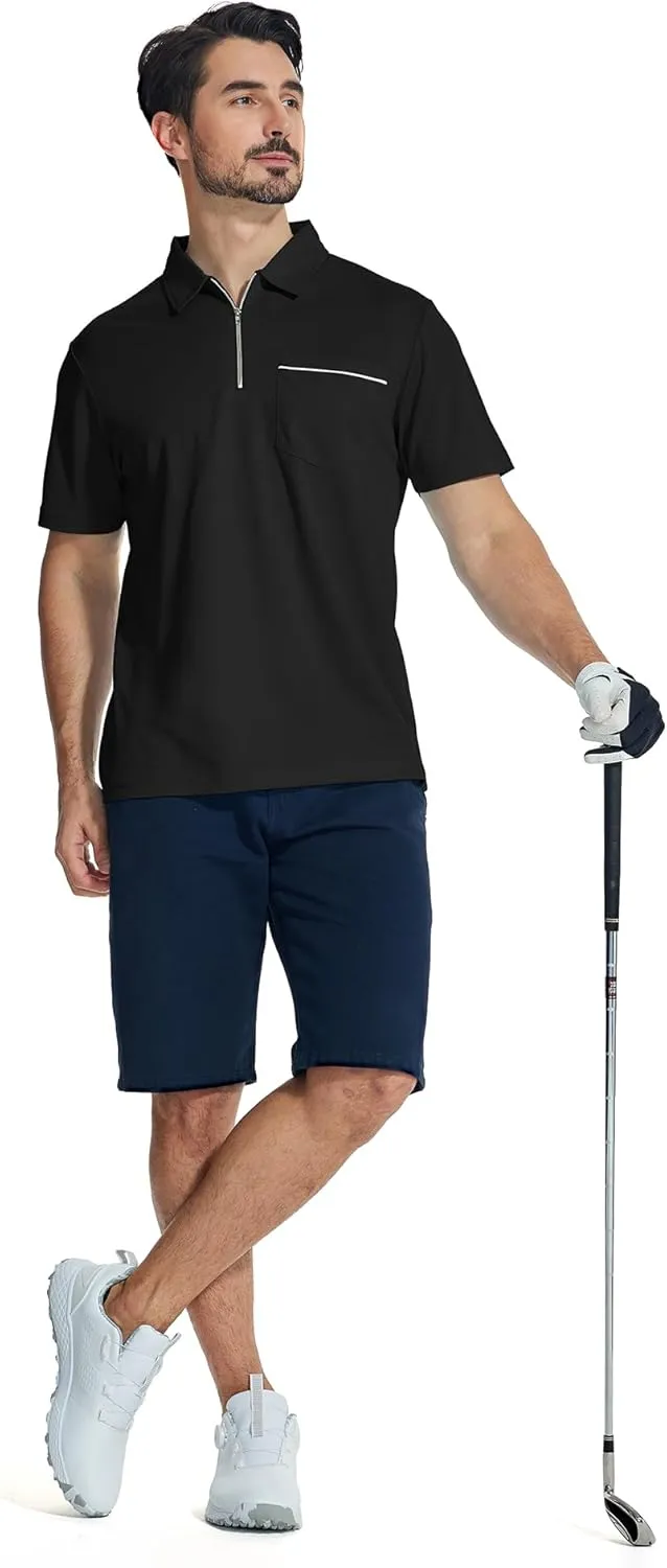 ZITY Mens Polo Shirts Quarter Zip Shirts Casual Classic Lightweight Short Sleeve Golf Collared Shirt with Pocket