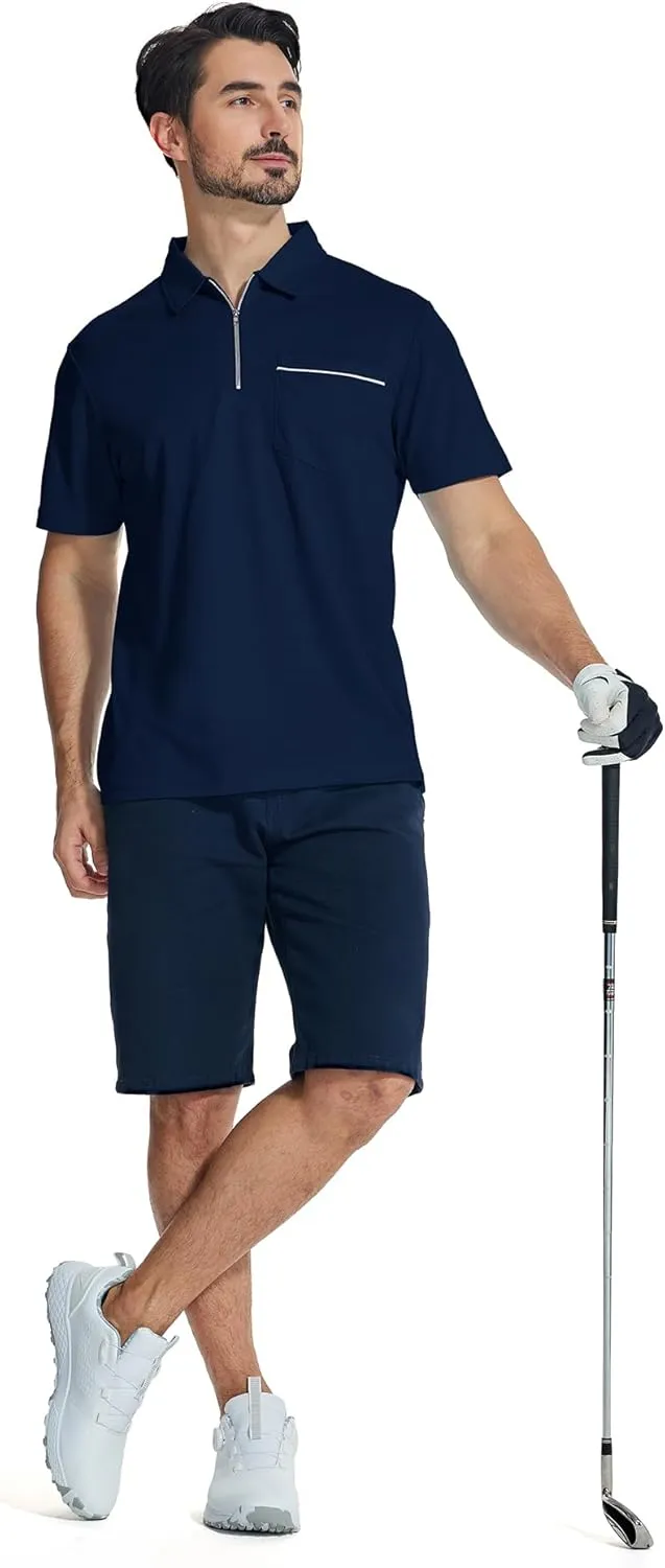 ZITY Mens Polo Shirts Quarter Zip Shirts Casual Classic Lightweight Short Sleeve Golf Collared Shirt with Pocket