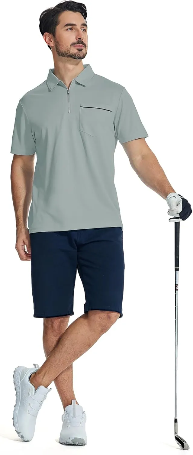 ZITY Mens Polo Shirts Quarter Zip Shirts Casual Classic Lightweight Short Sleeve Golf Collared Shirt with Pocket
