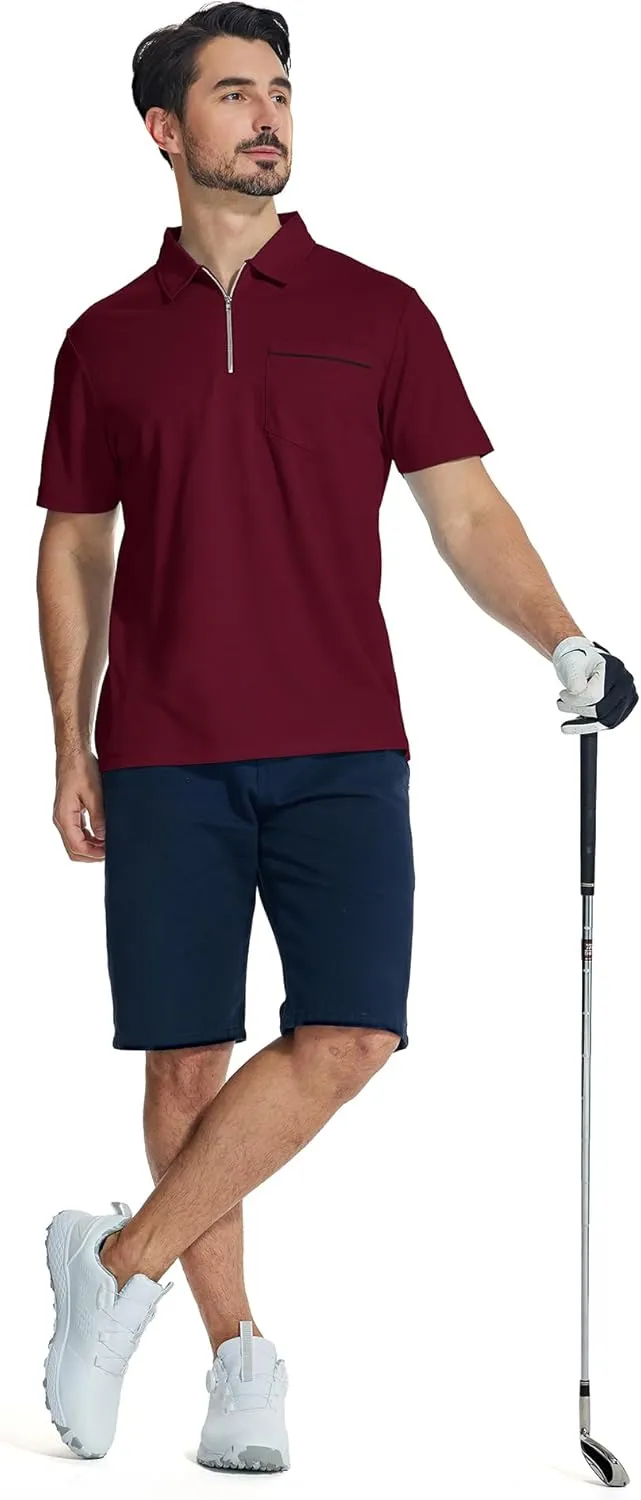 ZITY Mens Polo Shirts Quarter Zip Shirts Casual Classic Lightweight Short Sleeve Golf Collared Shirt with Pocket
