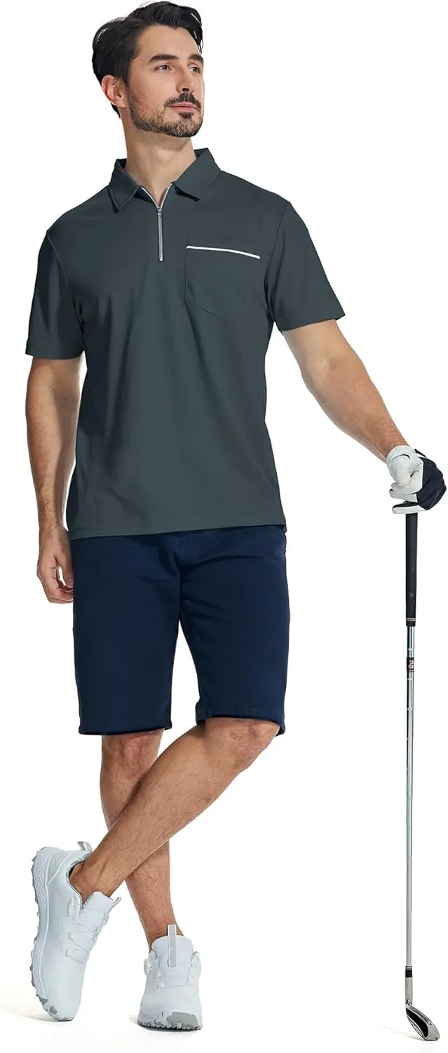 ZITY Mens Polo Shirts Quarter Zip Shirts Casual Classic Lightweight Short Sleeve Golf Collared Shirt with Pocket