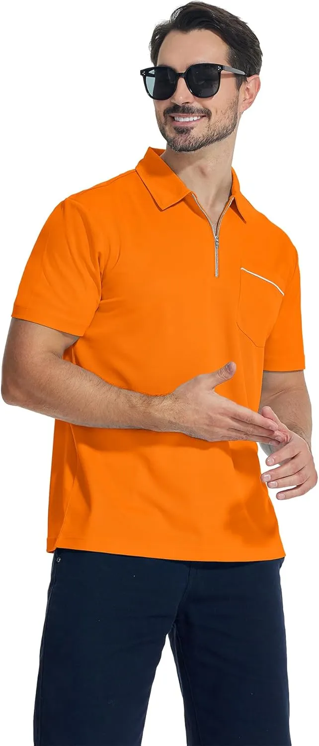 ZITY Mens Polo Shirts Quarter Zip Shirts Casual Classic Lightweight Short Sleeve Golf Collared Shirt with Pocket