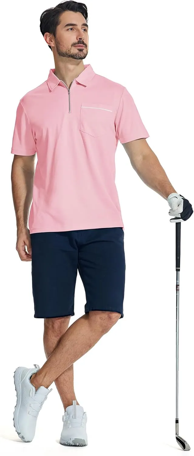 ZITY Mens Polo Shirts Quarter Zip Shirts Casual Classic Lightweight Short Sleeve Golf Collared Shirt with Pocket