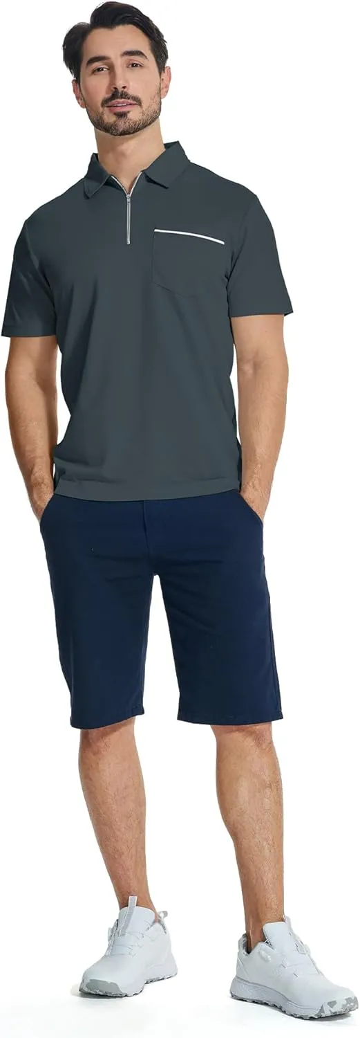 ZITY Mens Polo Shirts Quarter Zip Shirts Casual Classic Lightweight Short Sleeve Golf Collared Shirt with Pocket