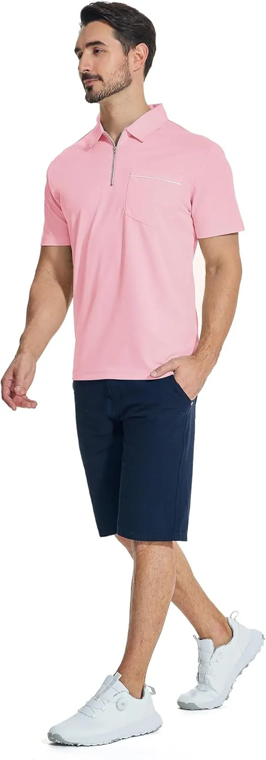 ZITY Mens Polo Shirts Quarter Zip Shirts Casual Classic Lightweight Short Sleeve Golf Collared Shirt with Pocket