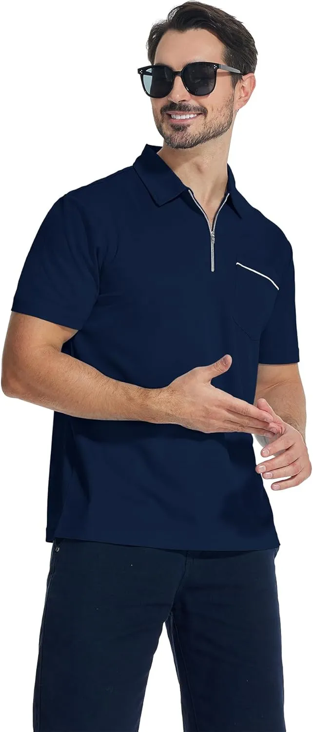 ZITY Mens Polo Shirts Quarter Zip Shirts Casual Classic Lightweight Short Sleeve Golf Collared Shirt with Pocket