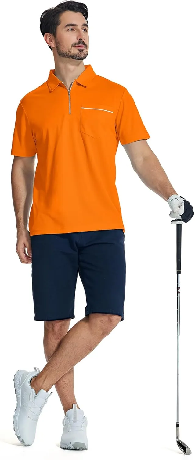 ZITY Mens Polo Shirts Quarter Zip Shirts Casual Classic Lightweight Short Sleeve Golf Collared Shirt with Pocket