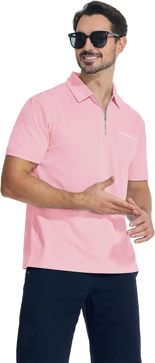 ZITY Mens Polo Shirts Quarter Zip Shirts Casual Classic Lightweight Short Sleeve Golf Collared Shirt with Pocket