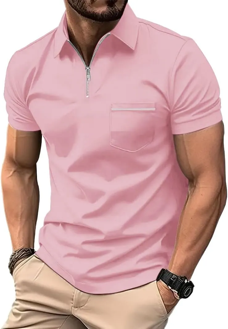 ZITY Mens Polo Shirts Quarter Zip Shirts Casual Classic Lightweight Short Sleeve Golf Collared Shirt with Pocket