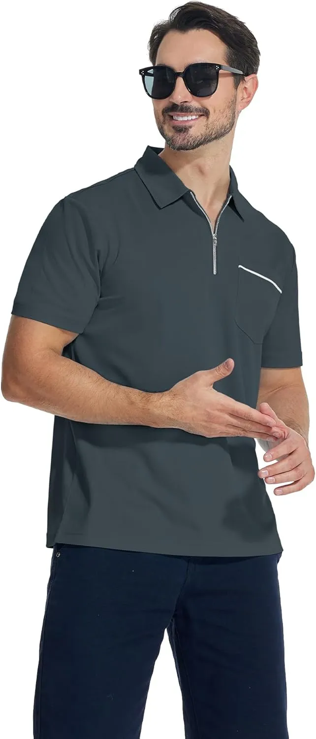 ZITY Mens Polo Shirts Quarter Zip Shirts Casual Classic Lightweight Short Sleeve Golf Collared Shirt with Pocket