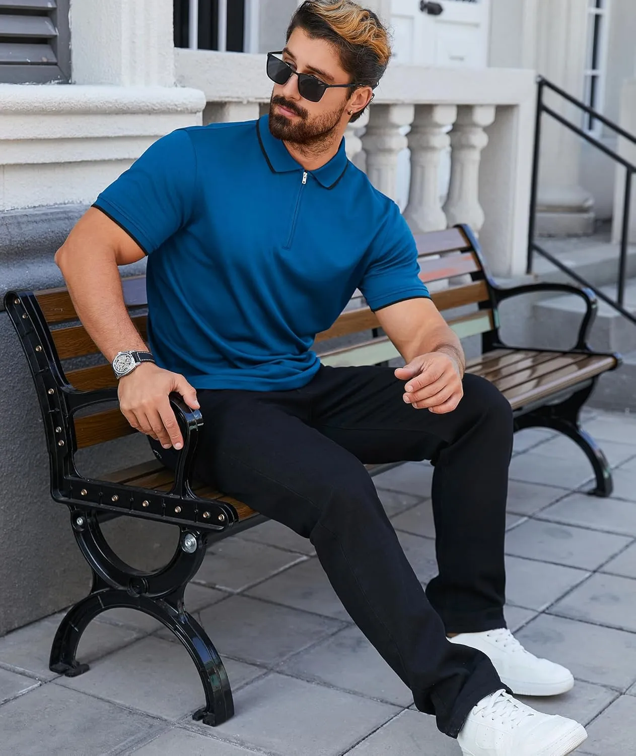 ZITY Mens Quarter Zip Polo Shirts Casual Classic Short Sleeve Contrast Collar Polo T Shirts